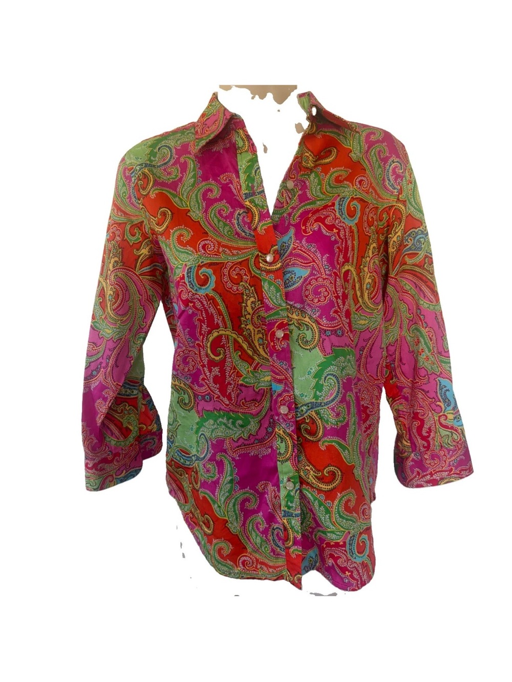 Lauren Ralph Lauren LRL Petite Multi Color Paisley Pearl Button-Up Shirt XS